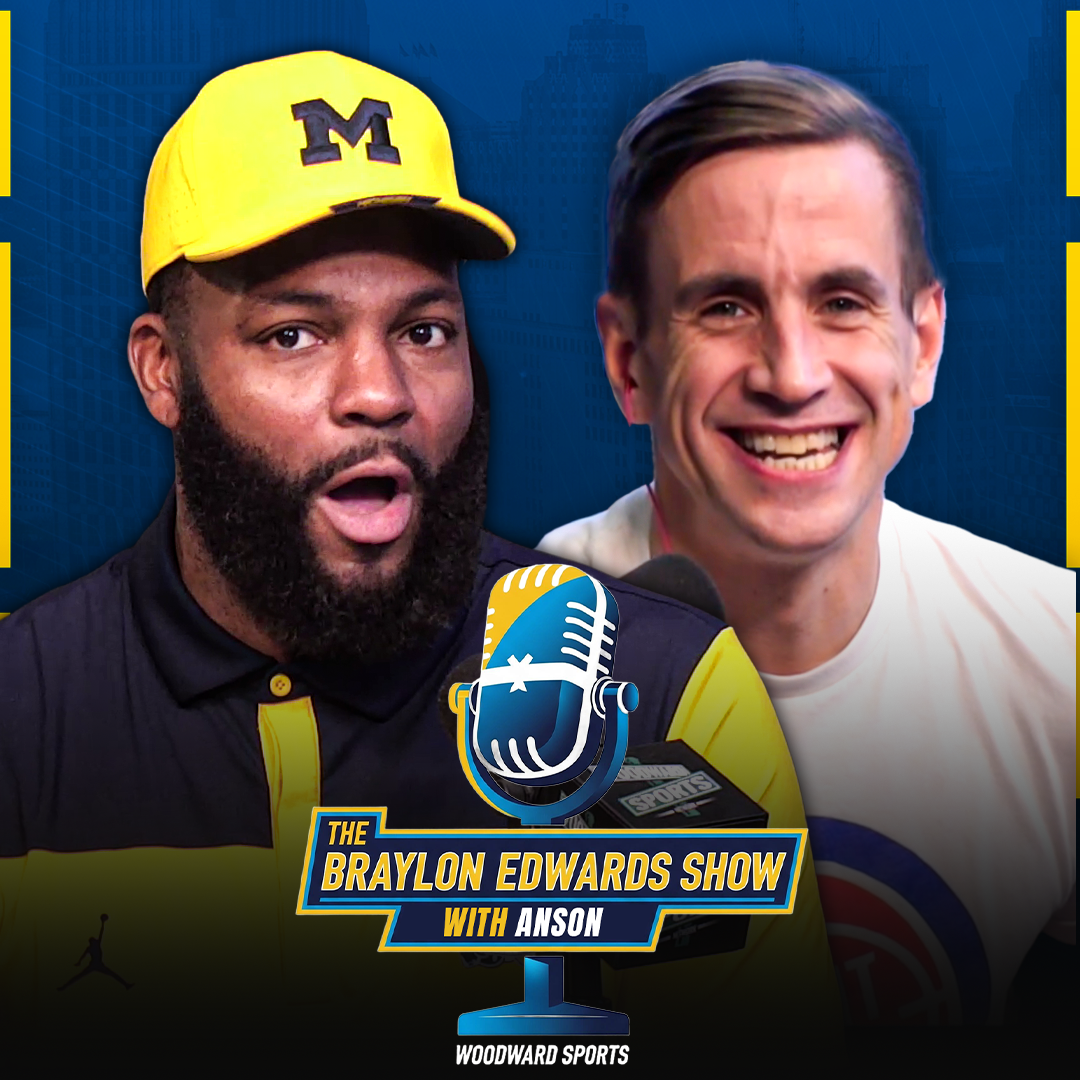 Promotional image for The Braylon Edwards Show on Woodward Sports, featuring two male hosts with a microphone in front of a blue backdrop and show logo at the bottom.