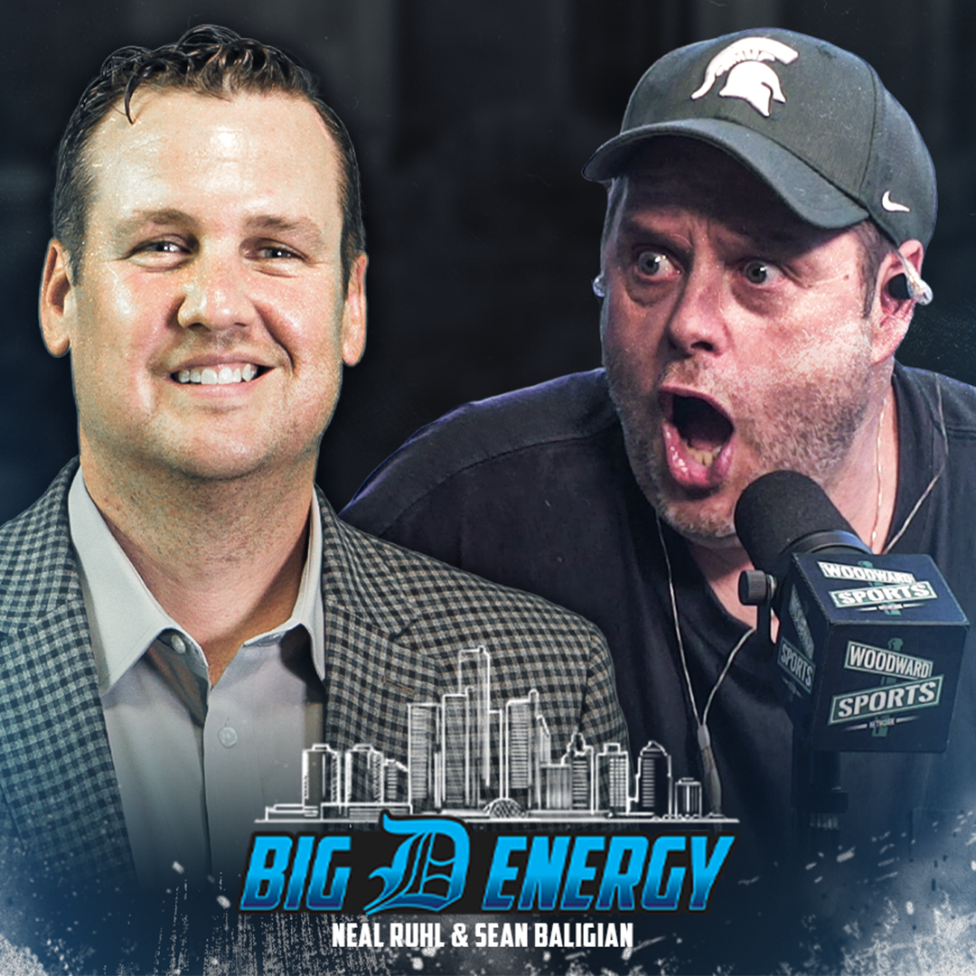 Two podcast hosts posing at a microphone with a blue'Big D Energy' logo and city skyline graphic behind them (promo image).