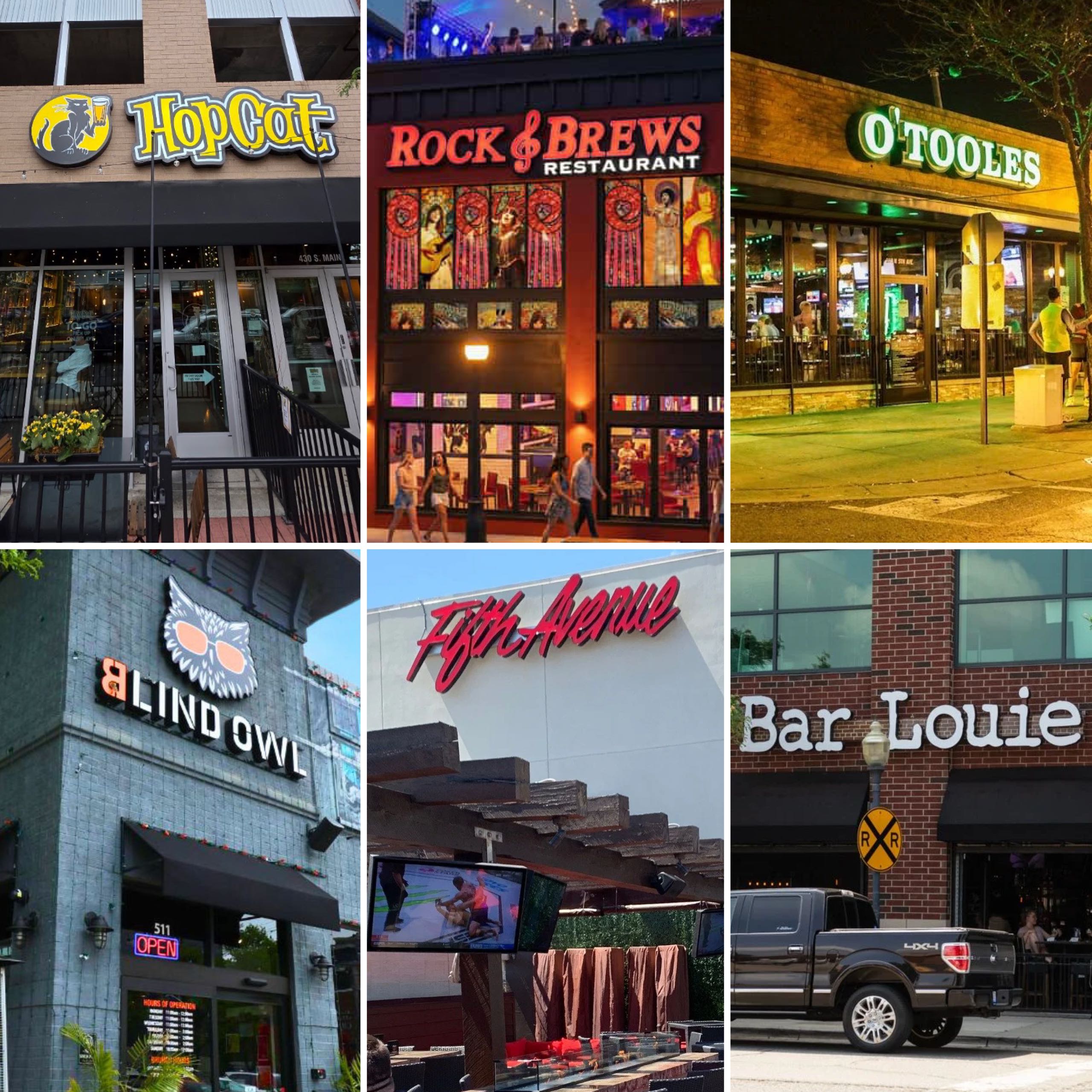 d0529e24c4fb1c2e9f946281057079d8_exif_1789049816492 - Woodward Sports Network Three restaurant storefronts: HopCat with yellow logo, Rock & Brews neon red sign, and O'Toole's on brick facade at night.