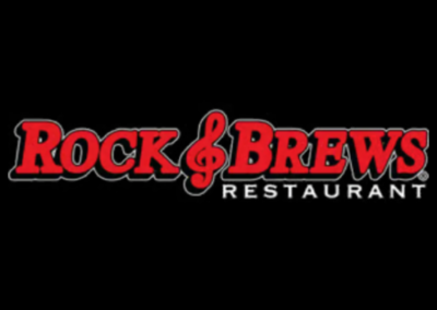 Rock & Brews restaurant logo in red with white outline on a black background.
