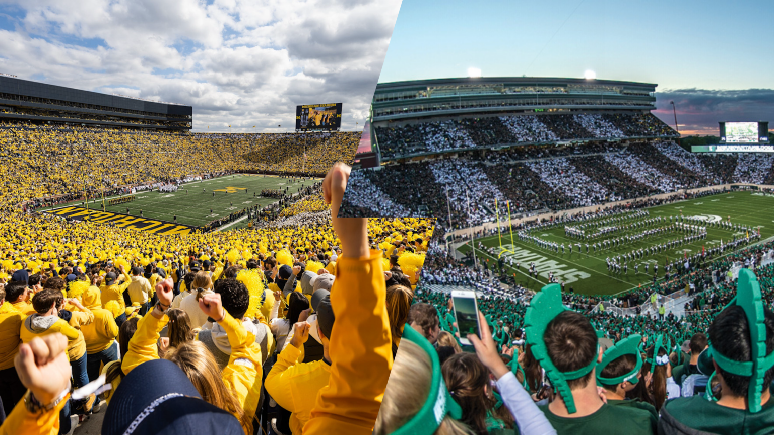 Split-screen stadium crowd: left side in yellow Michigan colors, right side in green, showing rival fans at a football game.