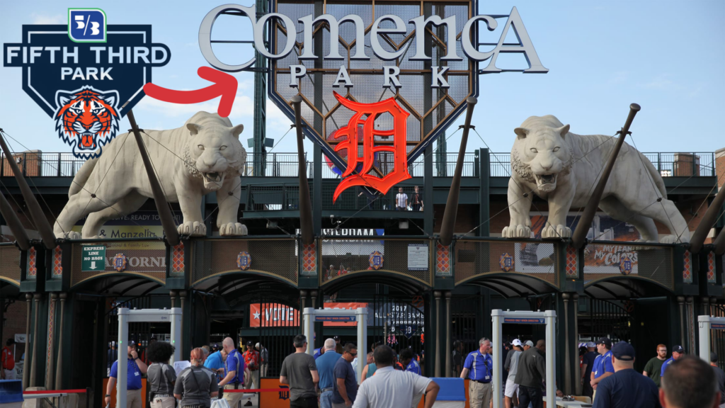 photo-output 61 - Woodward Sports Network Entrance area of Comerica Park with two white tiger statues, large signage, and fans gathered below.